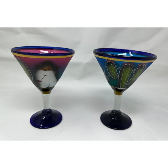 2 Hand-Painted Mexican Blown Glass Margarita Glasses Cactus Sleeping Man  Blue - Picture 1 of 16